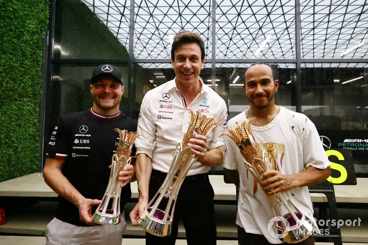 Valtteri Bottas, Mercedes, 3rd position, Toto Wolff, Team Principal and CEO, Mercedes AMG, and Lewis Hamilton, Mercedes, 1st position, with the trophies
