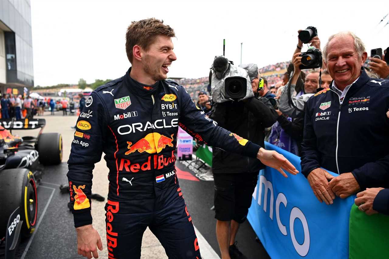 Max Verstappen celebrates with Red Bull Racing Team Consultant Dr. Helmut Marko in parc ferme during the F1 Grand Prix of Hungary at Hungaroring on July 31, 2022, in Budapest, Hungary. (Photo by Dan Mullan/Getty Images)