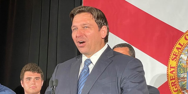 Florida Gov.  Ron DeSantis addresses crowd at Florida GOP primary night event in Hialeah, Fla. 