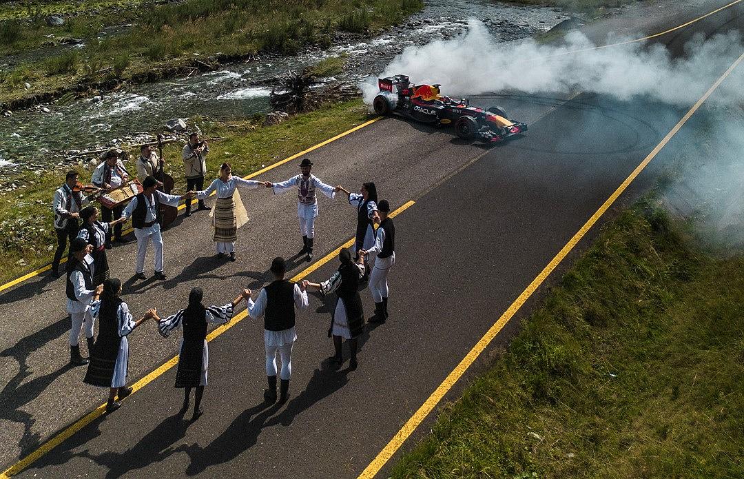 Oracle Red Bull Racing F1 car crosses Romania's Transalpina on National Day