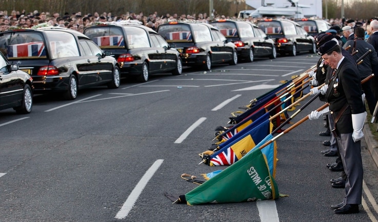 The repatriation cortege carrying the bodies of six British Army soldiers killed in Afghanistan stops at The Memorial Garden in…