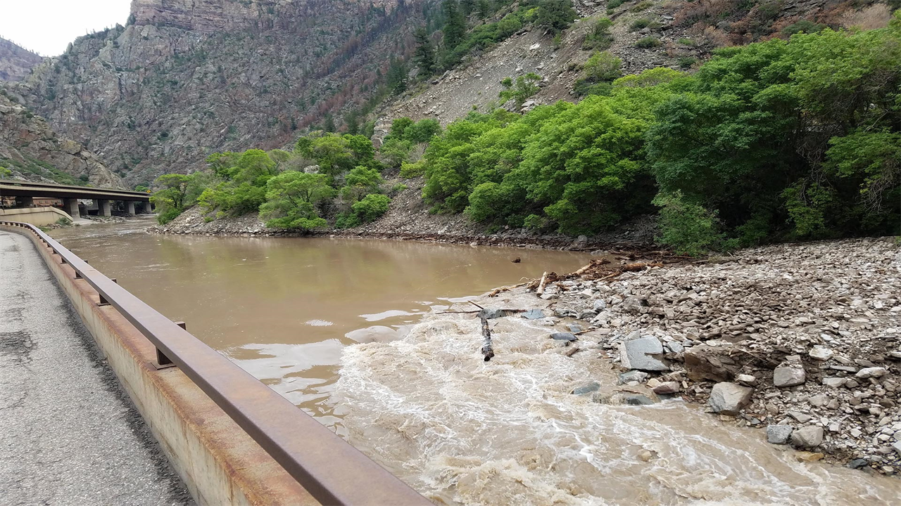 Interstate 70 has been forced to close at least 10 times this summer due to mudslides from the nearby Grizzly Creek wildfire burn scar. Photo courtesy CDOT.