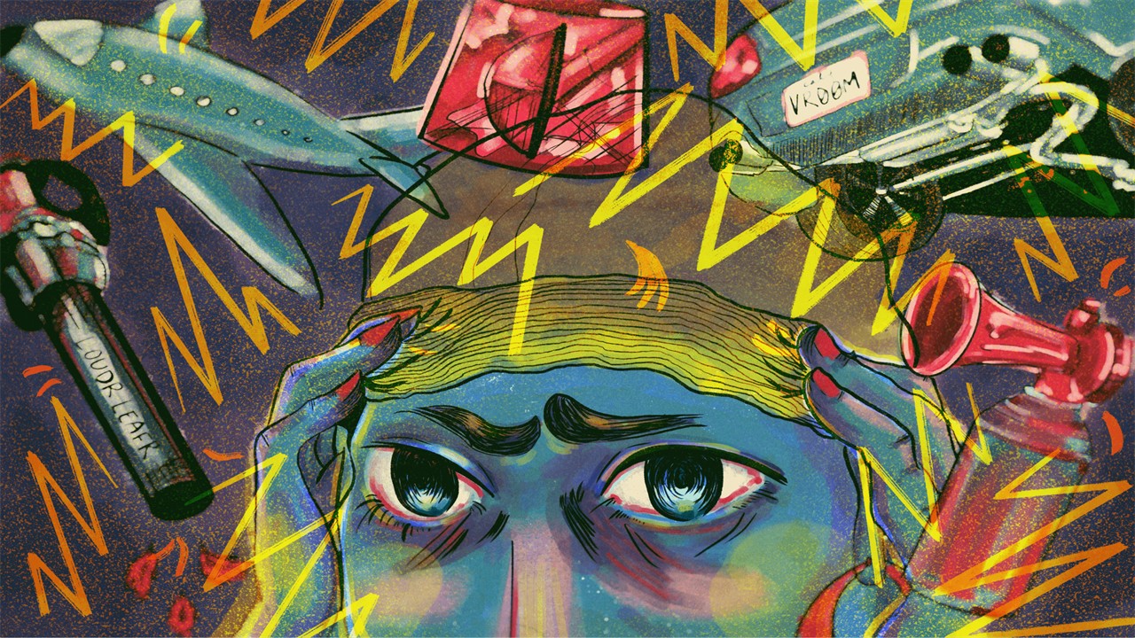 A digital illustration in pencil and watercolor. A person’s face is half visible, from the nose up, in the center of the image. They cover their ears with their hands, and show an anguished expression. All around them are noise-producing objects. From clockwise starting on the bottom left; a leaf blower, airplane, ambulance siren, car with loud muffler, and an air horn. Jagged lines are animated to look like uncomfortable sound waves coming from all directions.
