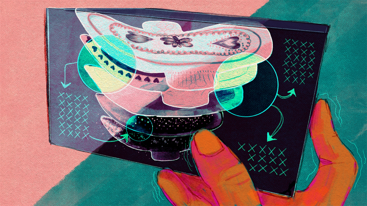 A digital illustration in watercolor and pencil shows a hand holding a box of sanitary pads that are used for menstruation. On the cover of the box, a diagram shows different layers of material that make up the pad. The list of ingredients, however, remains a mystery and reads only as a confusing series of the letter “X.”