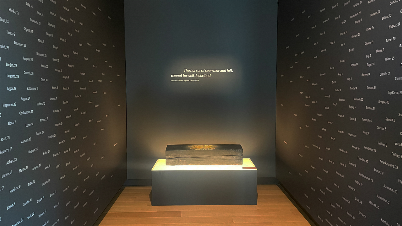 A photo of an exhibit with a quote on a wall that reads, "The horrors I soon saw and felt cannot be well described." On the walls surrounding the quote are the names and ages of enslaved people.